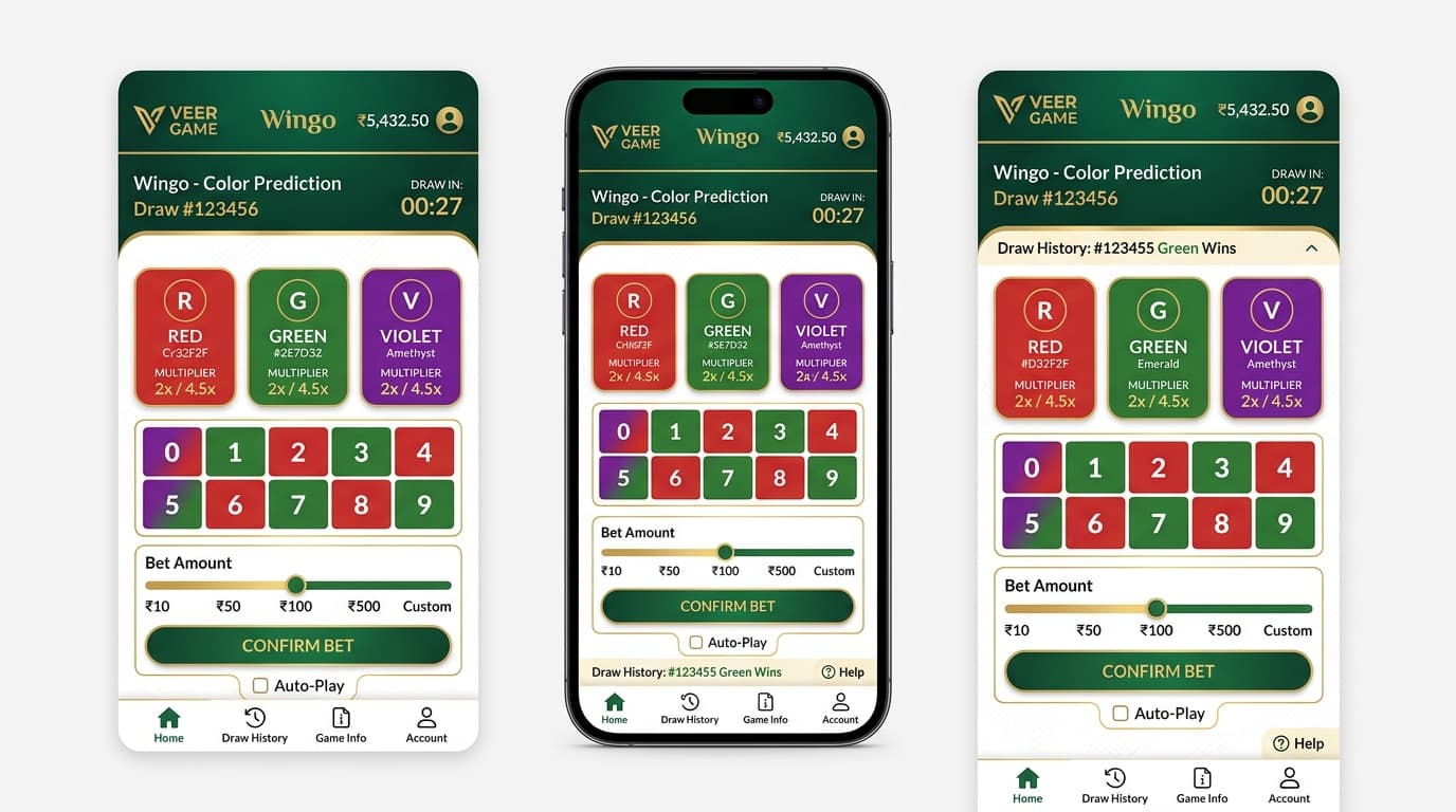 Veer Game color prediction game interface showing red, green, and violet selection buttons