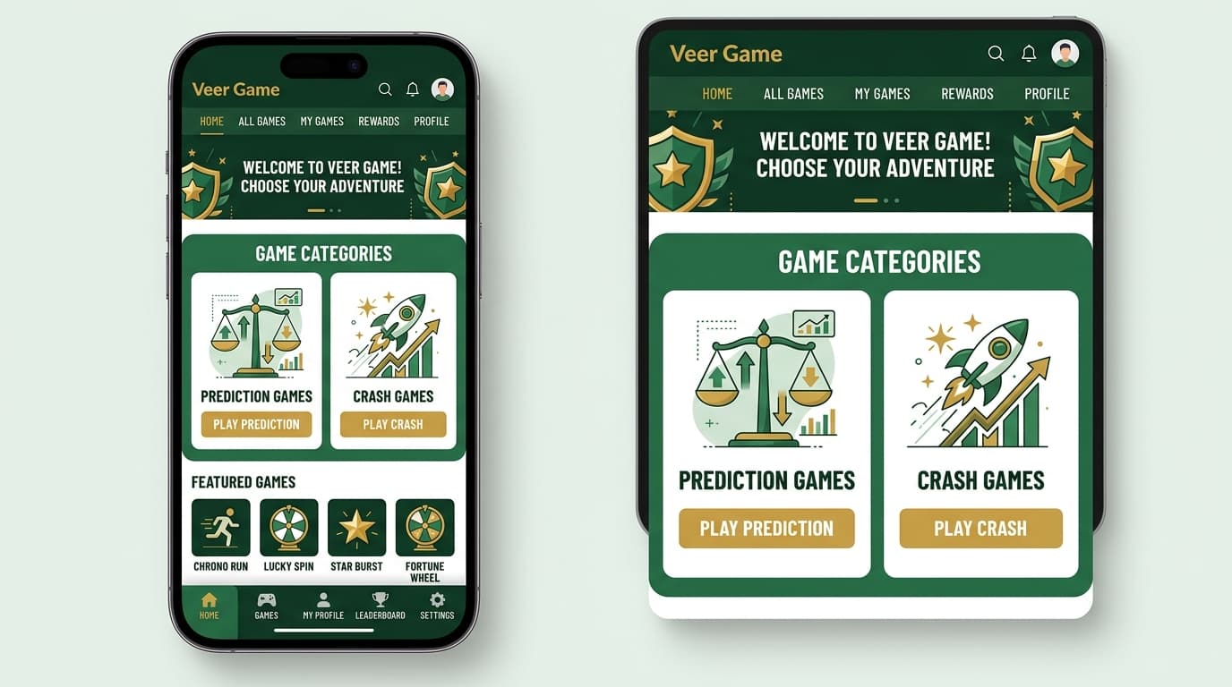 Veer Game mobile gaming platform interface with game categories