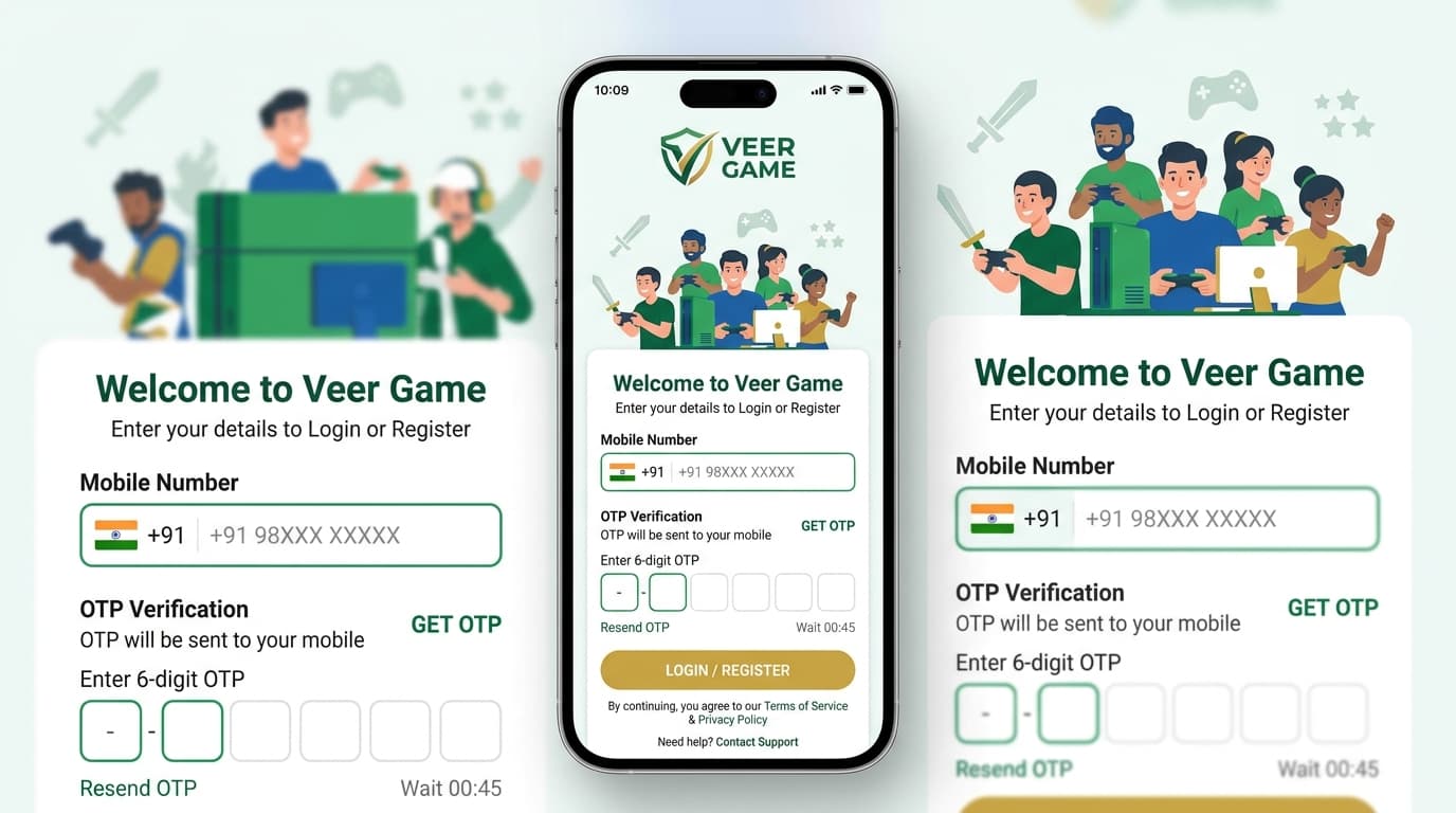 Veer Game mobile login and registration interface mockup
