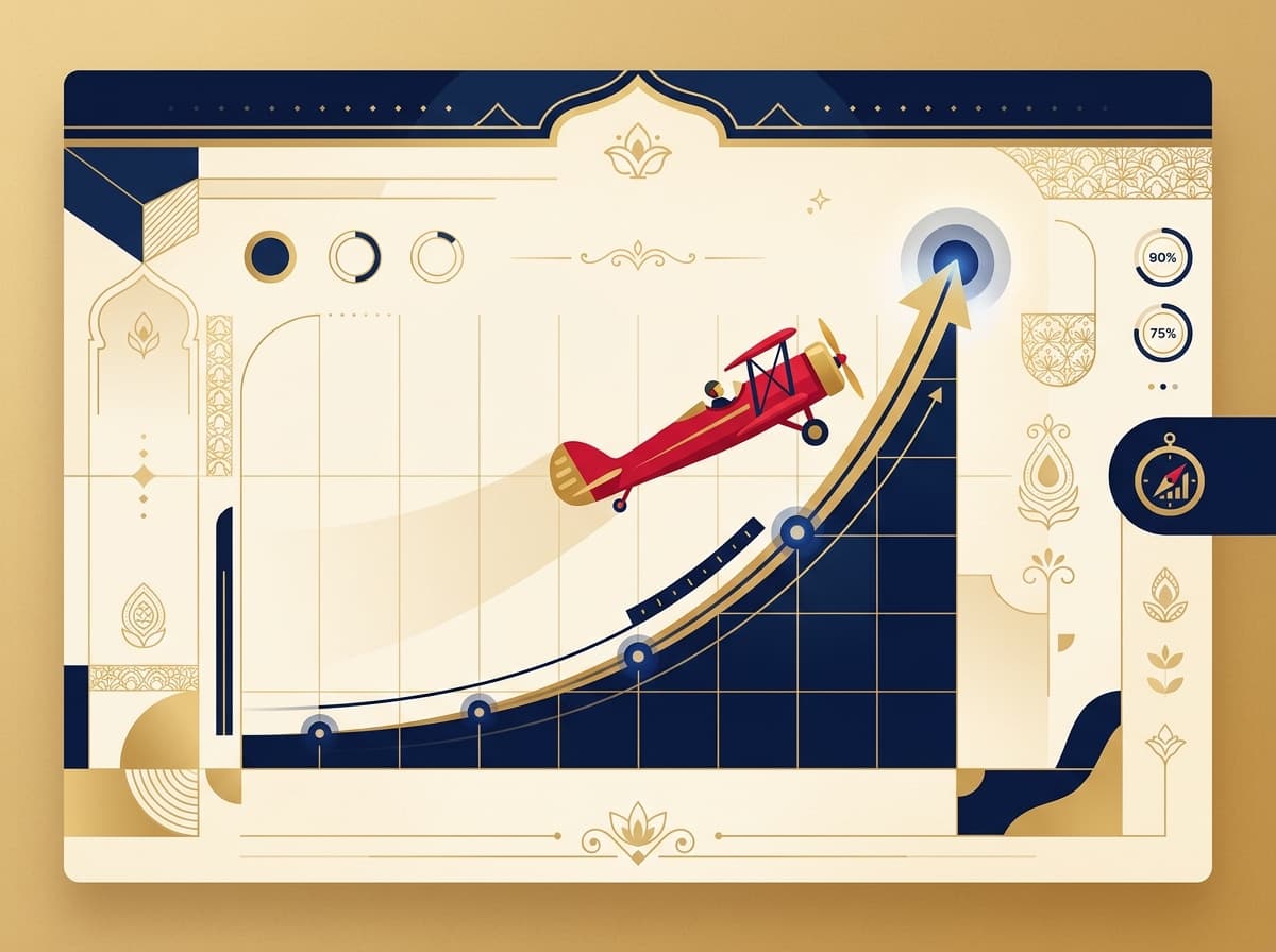 Aircraft illustration for an Aviator game guide, showing a plane flying along an exponential multiplier curve