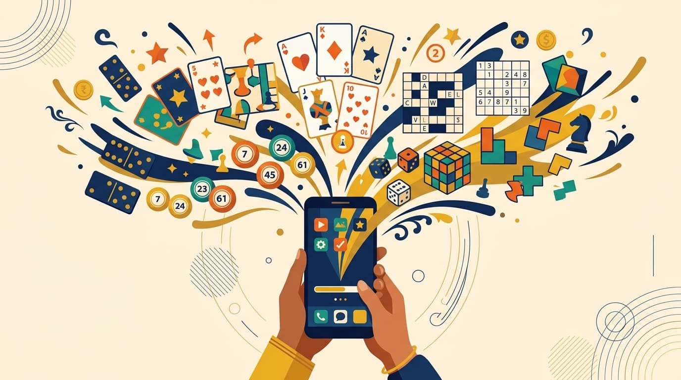 Illustration showing abstract gaming elements like cards and numbers flowing from a smartphone, representing the PlayShreeWin gaming information portal