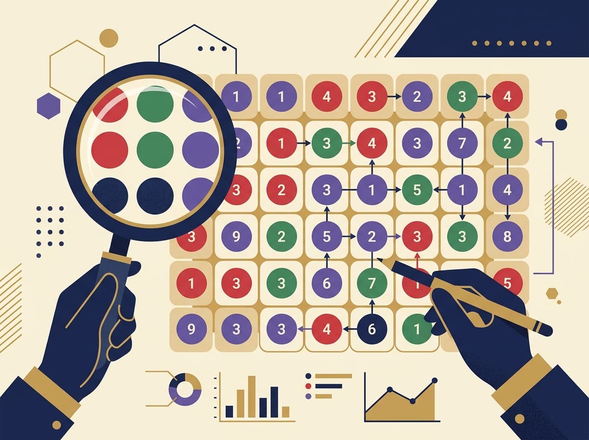 Illustration explaining the Wingo color and number prediction game interface, featuring a magnifying glass analyzing a numbered grid